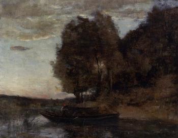 Jean-Baptiste-Camille Corot : Fisherman Boating along a Wooded Landscape